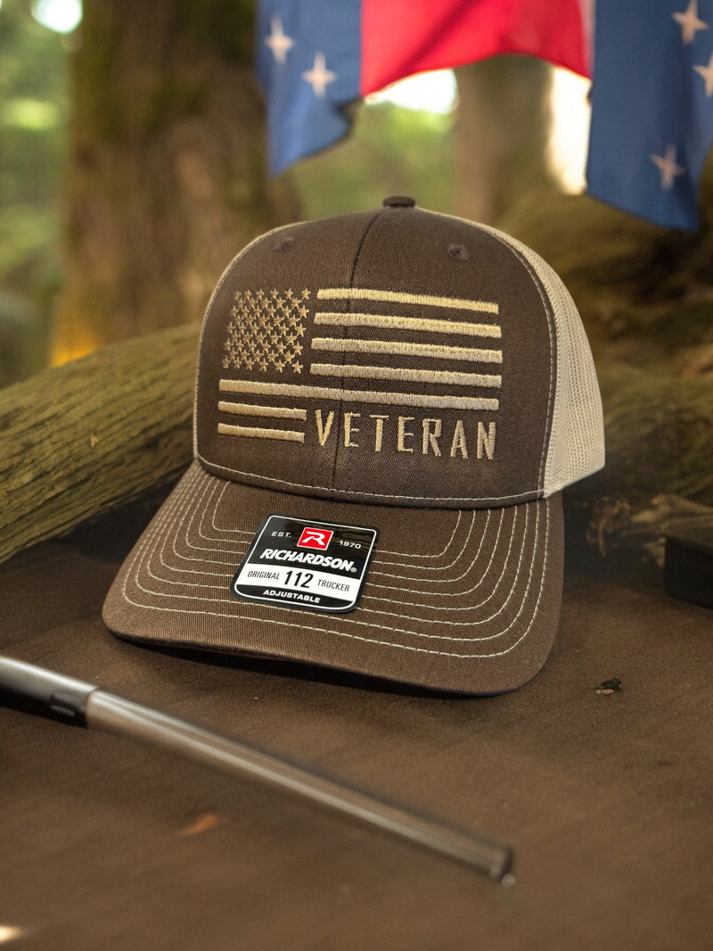 The Goozler American Flag Veteran Unisex Adjustable Snap Back Embroidered Trucker Hat Mens Womens USA Vet Armed Forces Cap