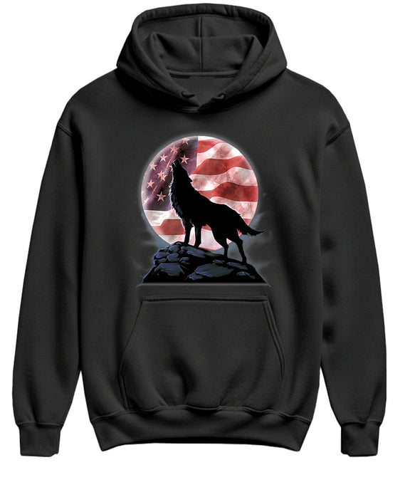Wolf Howling Moon Flag Hoodie Funny Patriotic Gift for Veterans Military Service Members Men Women - Black