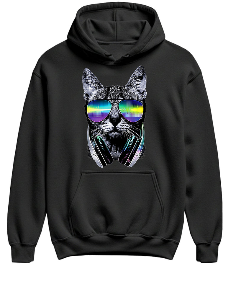 Cat DJ Hoodie Funny Music Producer Turntable Pullover Sweatshirt Gift for Music Lovers Men Women - Black