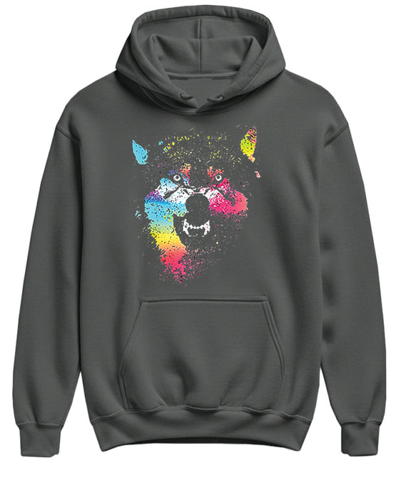 Wolf Hoodie Men Women Paint Splatter Art Graphic Pullover Sweatshirt Funny Animal Lover Gift - Charcoal