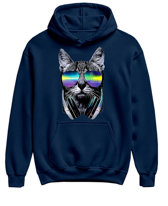 Cat DJ Hoodie Funny Music Producer Turntable Pullover Sweatshirt Gift for Music Lovers Men Women - Navy