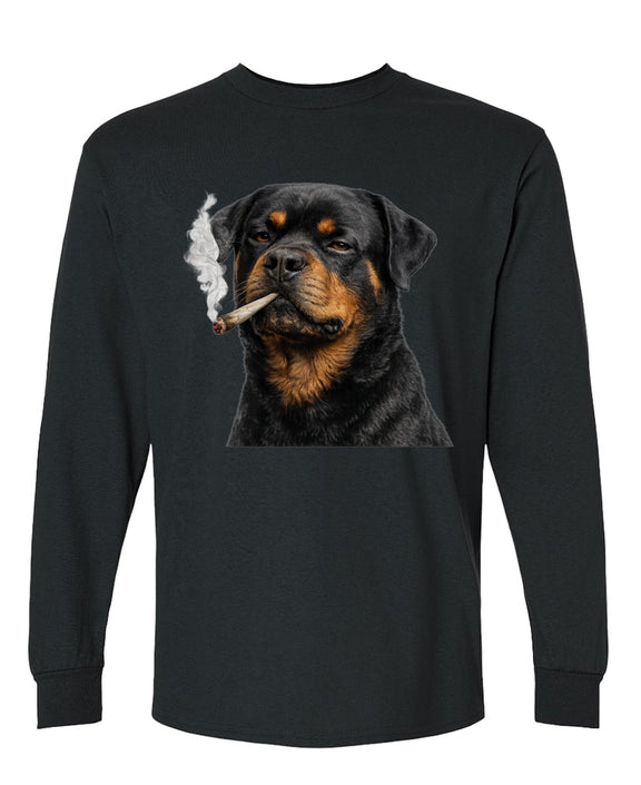 Weed Smoking Rottweiler Long Sleeve Shirt Funny Marijuana Dog Lover Gift Rottie Owner Cannabis Tee Men Women - Black