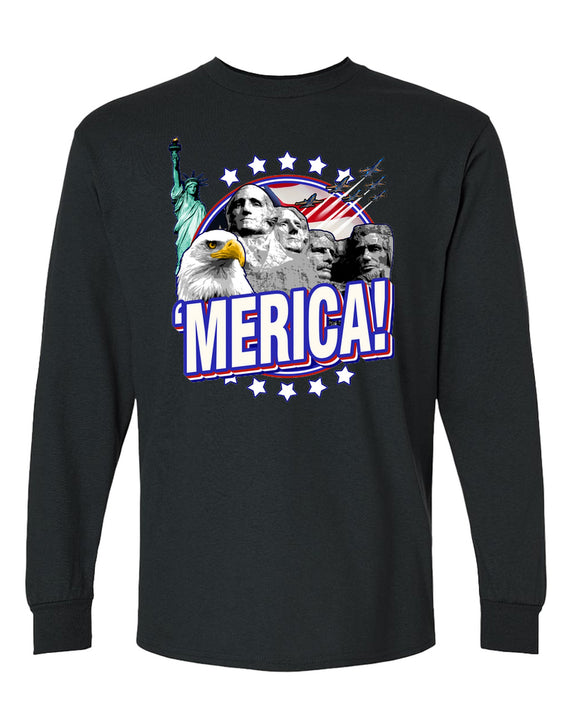Merica Long Sleeve T-Shirt Funny American Patriotic USA Flag 4th of July Independence Day Men Women - Black