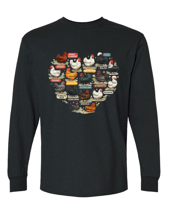 Chicken Breeds Long Sleeve T-Shirt Funny Chicken Coop Lover Gift Hens Collector Graphic Tee Shirt Men Women - Black