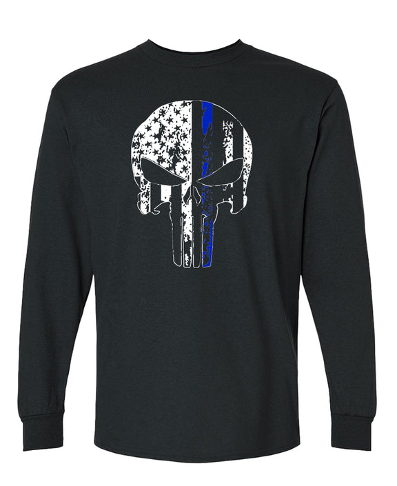 Police Skull Long Sleeve T-Shirt Thin Blue Line Support Law Enforcement Officer Pride Men Women - Black