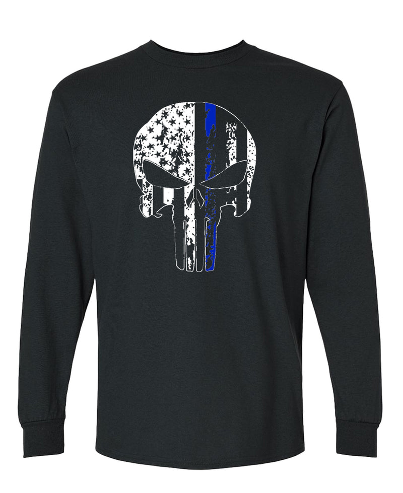 Police Skull Long Sleeve T-Shirt Thin Blue Line Support Law Enforcement Officer Pride Men Women - Black