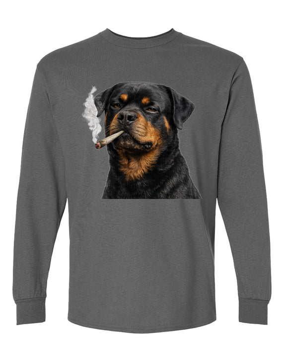 Weed Smoking Rottweiler Long Sleeve Shirt Funny Marijuana Dog Lover Gift Rottie Owner Cannabis Tee Men Women - Charcoal