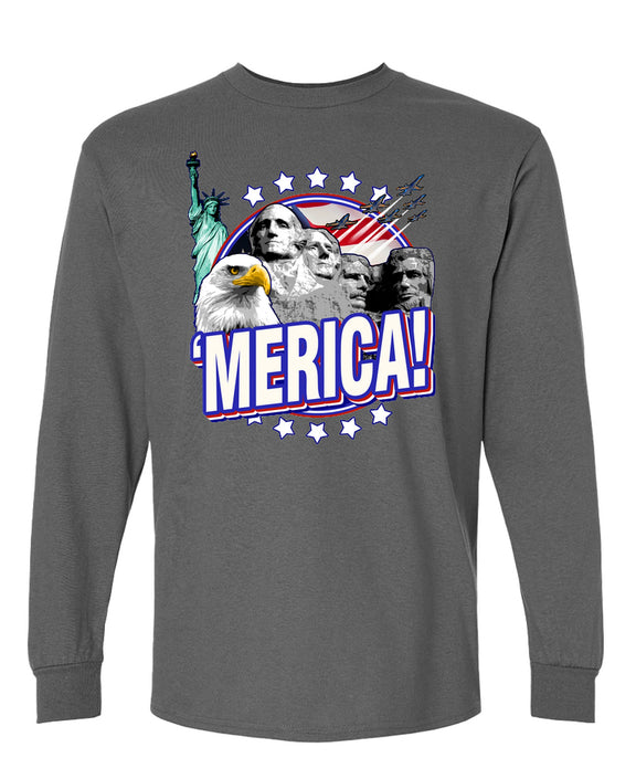 Merica Long Sleeve T-Shirt Funny American Patriotic USA Flag 4th of July Independence Day Men Women - Charcoal