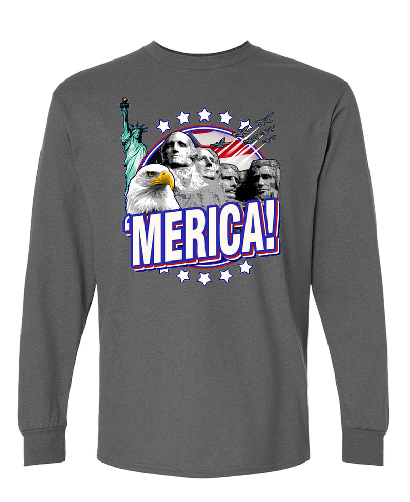 Merica Long Sleeve T-Shirt Funny American Patriotic USA Flag 4th of July Independence Day Men Women - Charcoal