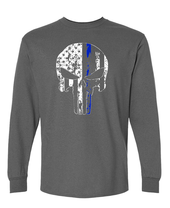 Police Skull Long Sleeve T-Shirt Thin Blue Line Support Law Enforcement Officer Pride Men Women - Charcoal