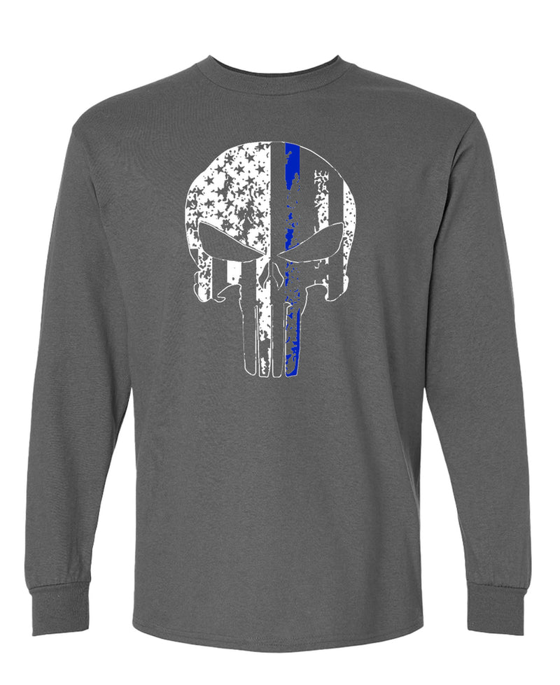 Police Skull Long Sleeve T-Shirt Thin Blue Line Support Law Enforcement Officer Pride Men Women - Charcoal