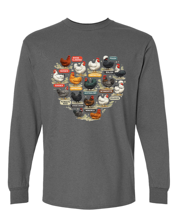 Chicken Breeds Long Sleeve T-Shirt Funny Chicken Coop Lover Gift Hens Collector Graphic Tee Shirt Men Women - Charcoal