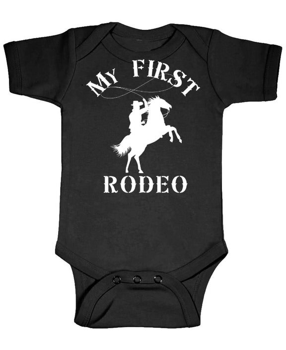 My First Rodeo Funny Infant Bodysuit Novelty Baby Shower Gift Cowboy Country Western Onesie Boys Girls - Black