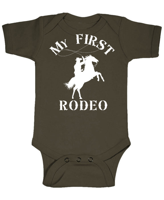 My First Rodeo Funny Infant Bodysuit Novelty Baby Shower Gift Cowboy Country Western Onesie Boys Girls - Chocolate