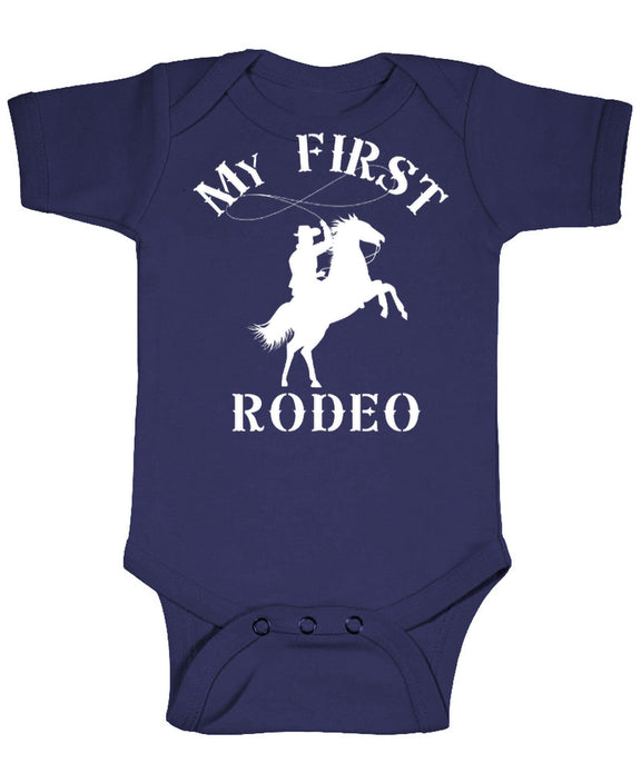 My First Rodeo Funny Infant Bodysuit Novelty Baby Shower Gift Cowboy Country Western Onesie Boys Girls - Navy