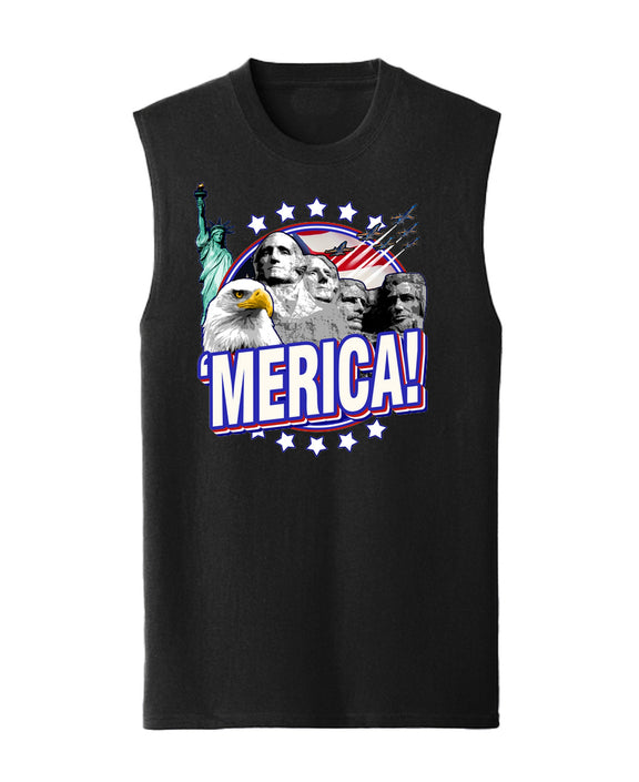 Merica Sleeveless T-Shirt Funny 4th of July Independence Day USA Patriotic Tank Top Men Women - Black