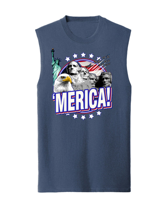 Merica Sleeveless T-Shirt Funny 4th of July Independence Day USA Patriotic Tank Top Men Women - Navy