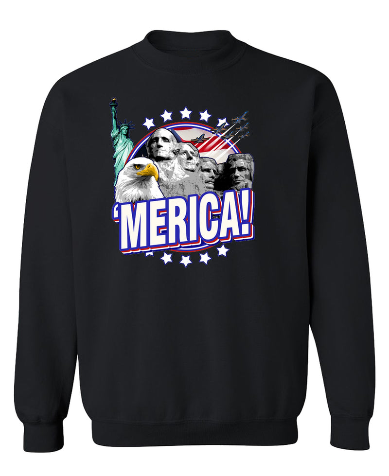 Merica Crewneck Sweatshirt 4th of July Independence Day Patriotic American Flag Funny USA Men Women - Black