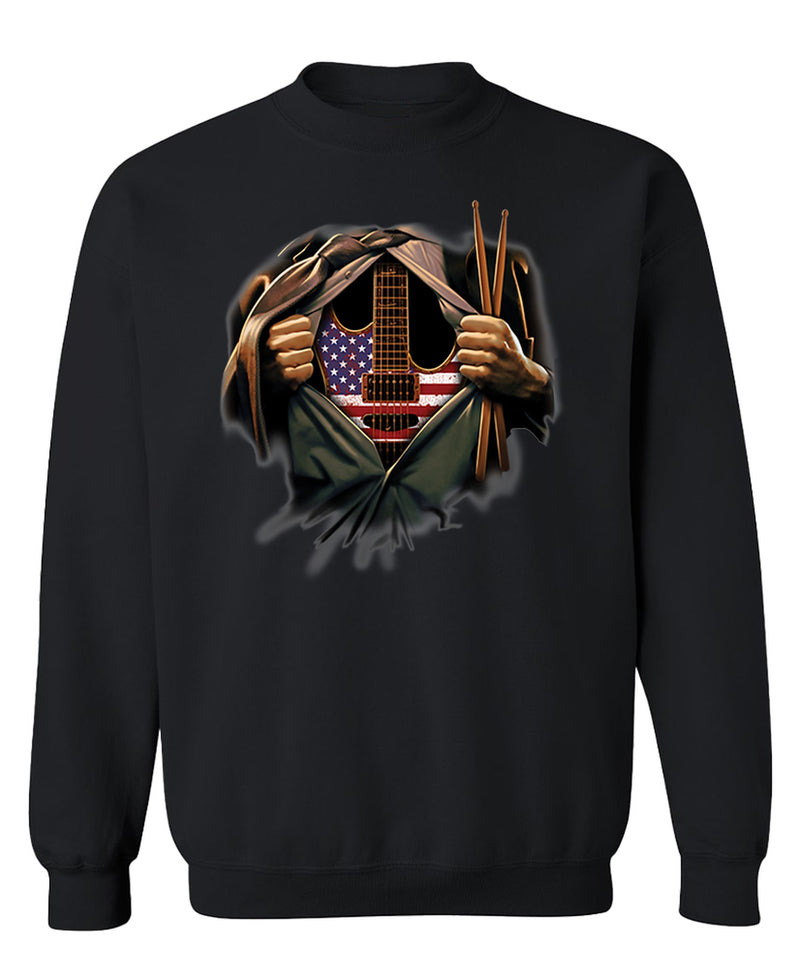 Rock Guitar Crewneck Sweatshirt Funny Music Lover Gift Rock and Roll Musician Drummer Men Women - Black