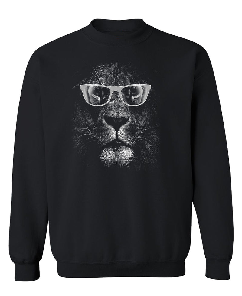 Lion With Glasses Crewneck Sweatshirt Funny Cool Animal Graphic Novelty Gift Pullover Men Women - Black