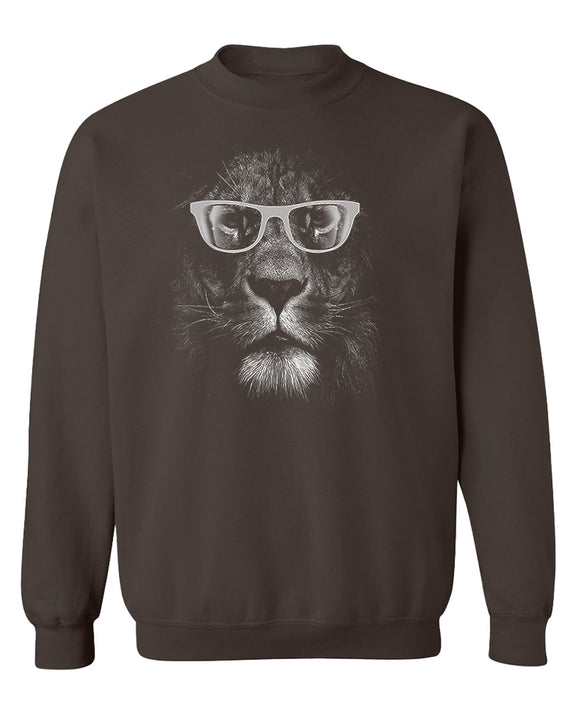 Lion With Glasses Crewneck Sweatshirt Funny Cool Animal Graphic Novelty Gift Pullover Men Women - Chocolate