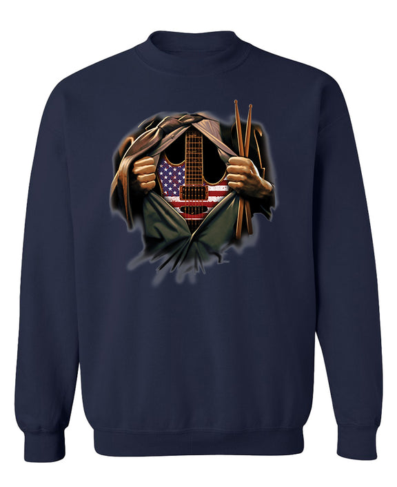 Rock Guitar Crewneck Sweatshirt Funny Music Lover Gift Rock and Roll Musician Drummer Men Women - Navy