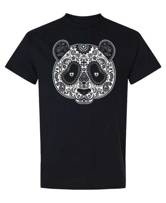 Panda Mask T-Shirt Day of the Dead Sugar Skull Design Graphic Tee Gift for Animal Lovers Men Women - Black