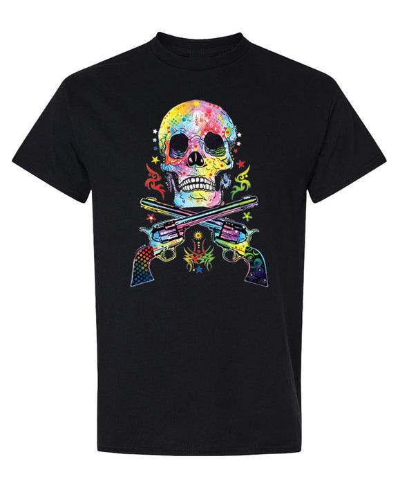 Skull Crossed Guns T-Shirt Funny Neon Graphic Tee Gift Biker Rock Novelty Apparel Outfit Men Women - Black