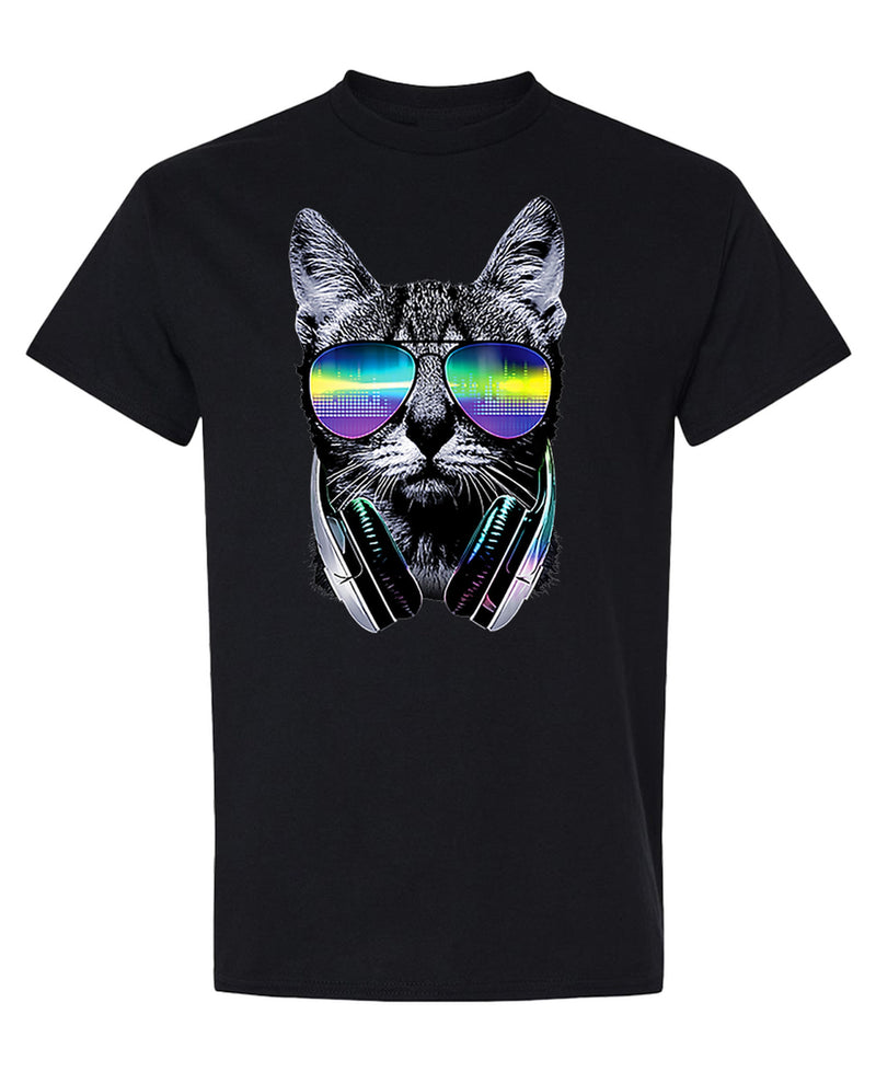DJ Cat T-Shirt Funny Music Lover Gift Cute Kitten with Headphones Graphic Tee Novelty Men Women - Black