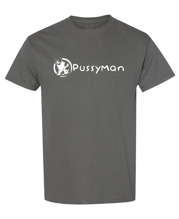 Cat Lover T-Shirt Funny Pussyman Graphic Tee Crazy Cat Dad Gift Novelty Kitten Pet Owner Shirts Men Women - Charcoal