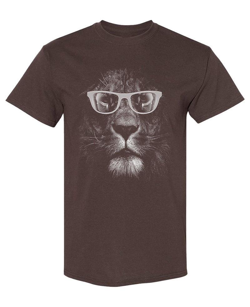 Lion With Glasses T-Shirt Funny Cool Animal Graphic Tee Novelty Gift Shirt for Men Women - Chocolate