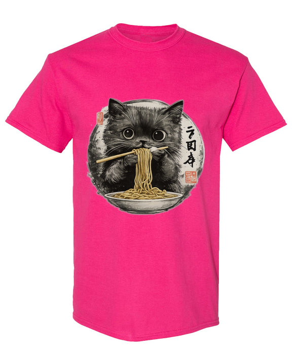 Funny Cat Eating Ramen T-Shirt Japanese Anime Noodle Lover Graphic Tee Gift - Heliconia