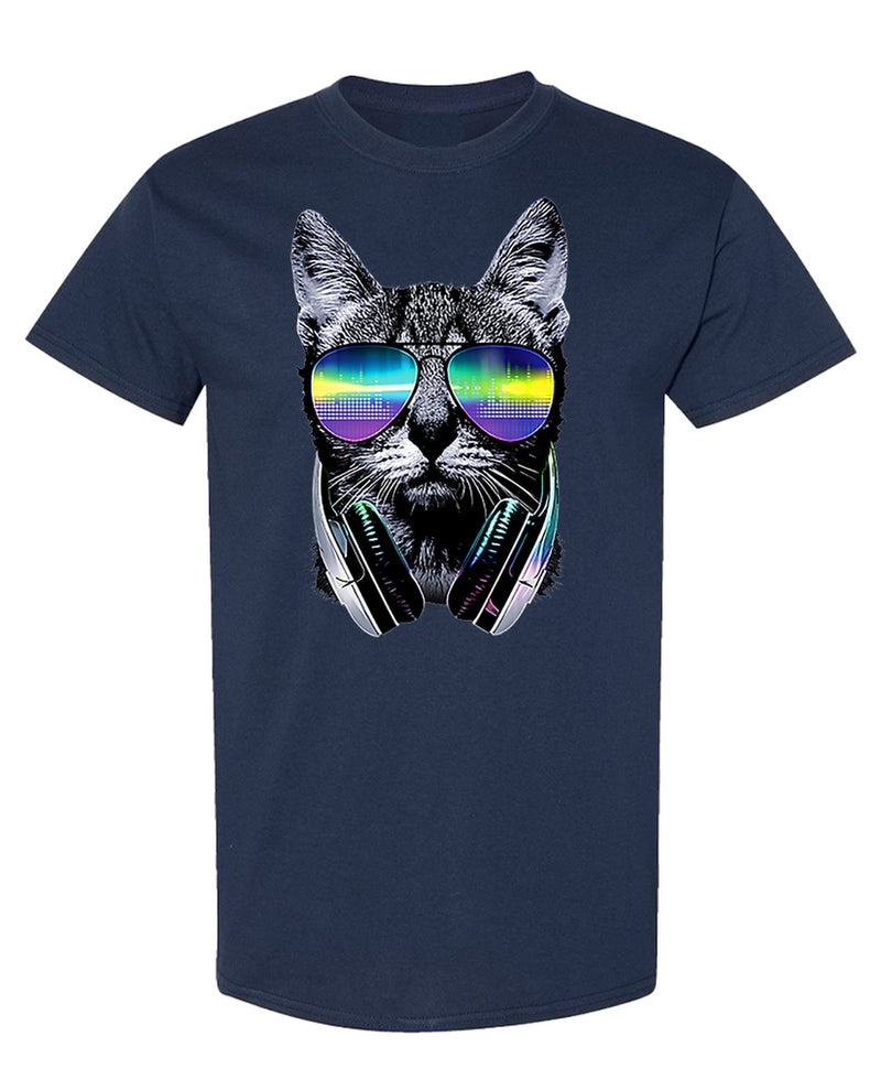 DJ Cat T-Shirt Funny Music Lover Gift Cute Kitten with Headphones Graphic Tee Novelty Men Women - Navy