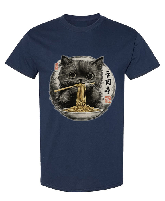 Funny Cat Eating Ramen T-Shirt Japanese Anime Noodle Lover Graphic Tee Gift - Navy