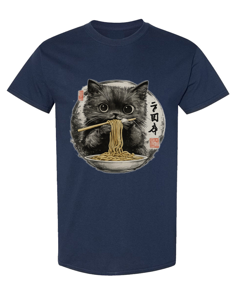 Funny Cat Eating Ramen T-Shirt Japanese Anime Noodle Lover Graphic Tee Gift - Navy