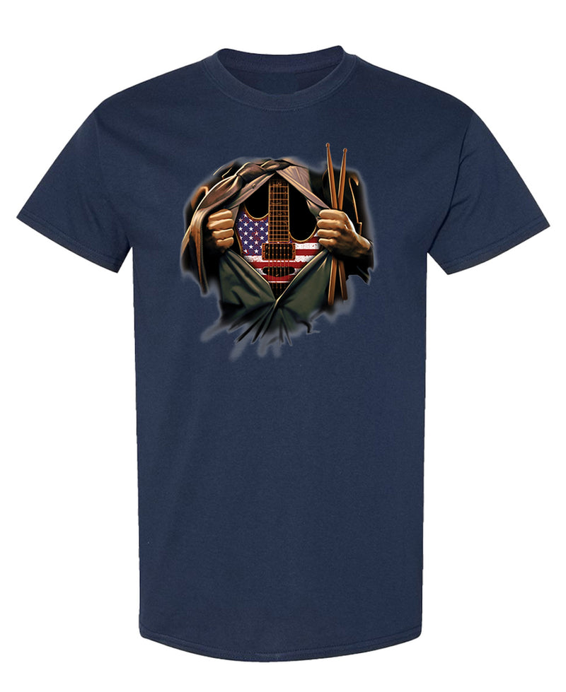 Rock Guitar T-Shirt Funny Music Lover Gift Guitarist Drummer Band Musician Tee Graphic Novelty Men Women - Navy