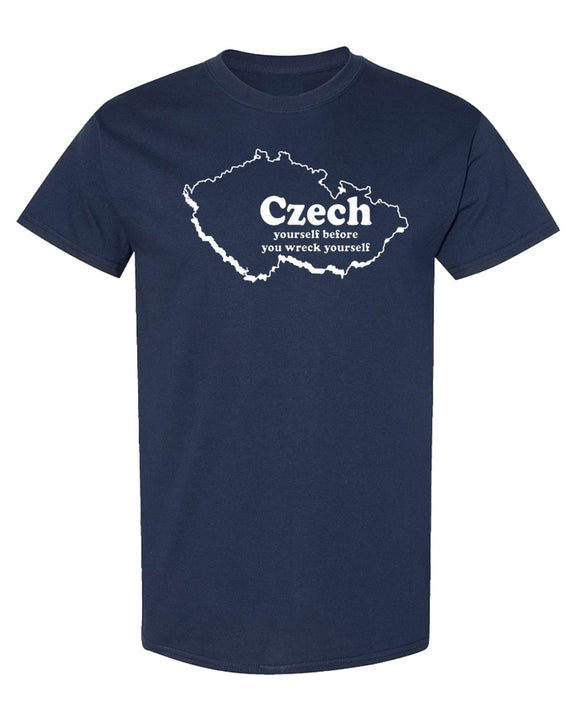 Czech Yourself Funny T-Shirt Country Pride Heritage Flag Gift Novelty Graphic Tee for Men Women - Navy