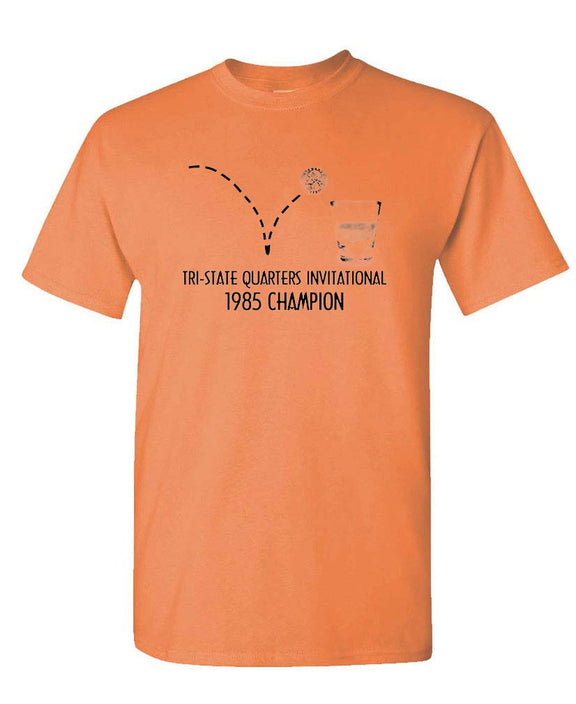 1985 Quarters Drinking Game Champion T-Shirt Funny Vintage Beer Novelty Gift Tee Men Women - Tangerine
