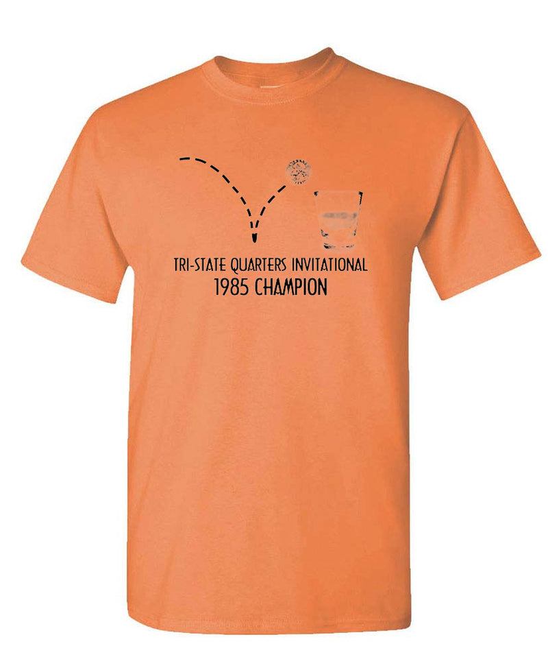 1985 Quarters Drinking Game Champion T-Shirt Funny Vintage Beer Novelty Gift Tee Men Women - Tangerine