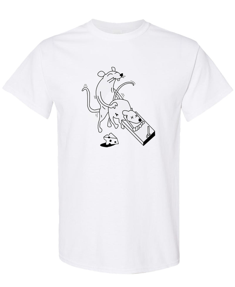 Rat Mousetrap T-Shirt Funny Animal Humor Graphic Tee Novelty Gift Sarcastic Joke Apparel for Men Women - White