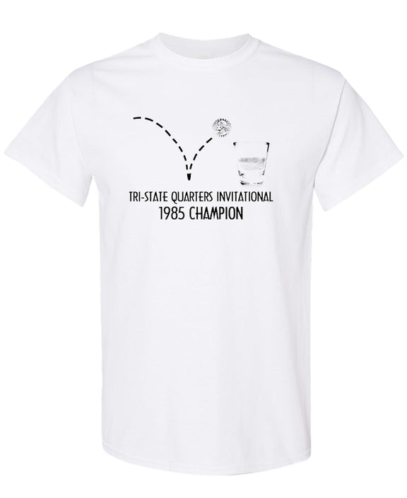 1985 Quarters Drinking Game Champion T-Shirt Funny Vintage Beer Novelty Gift Tee Men Women - White