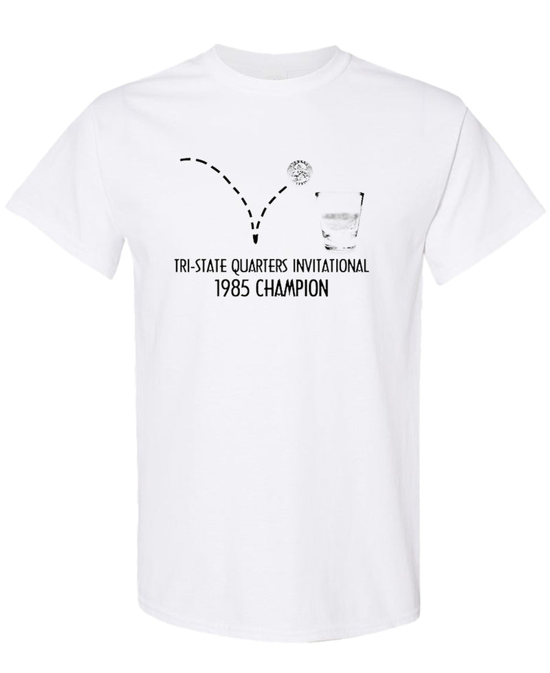 1985 Quarters Drinking Game Champion T-Shirt Funny Vintage Beer Novelty Gift Tee Men Women - White