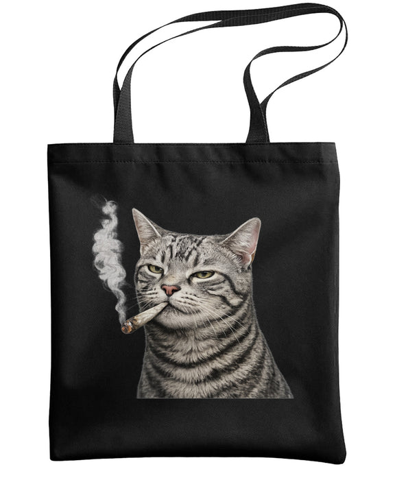 Funny Cat Tote Bag Weed Smoking Marijuana Graphic Novelty Gift Cannabis Humor Reusable Men Women - Black