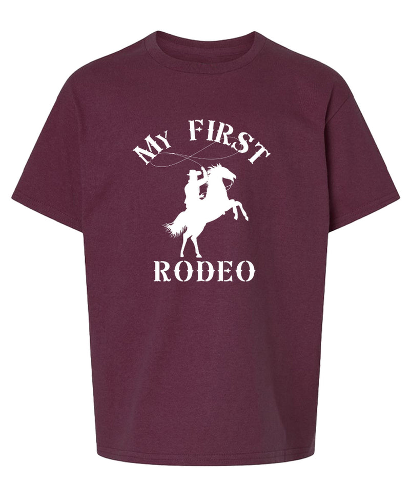 My First Rodeo Youth T-Shirt Funny Sarcastic Novelty Kids Tee Gift for Boys Girls Unisex Children - Maroon